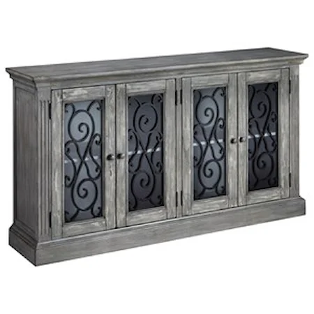 Door Accent Cabinet in Antique Gray Finish & Decorative Grilles on Glass Doors